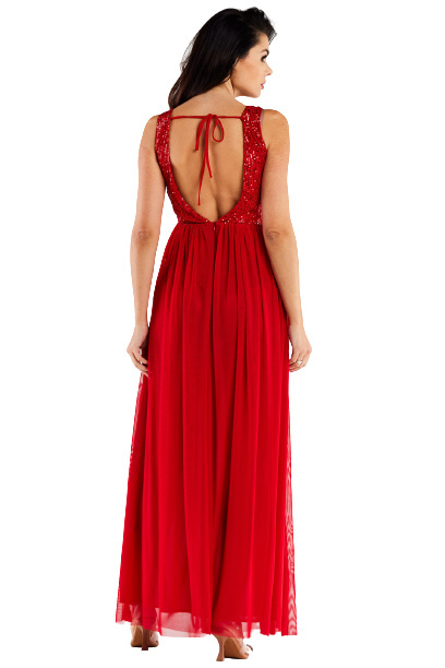 Sukienka elegancka maxi na ramiączkach odkryte plecy cekiny czerwona